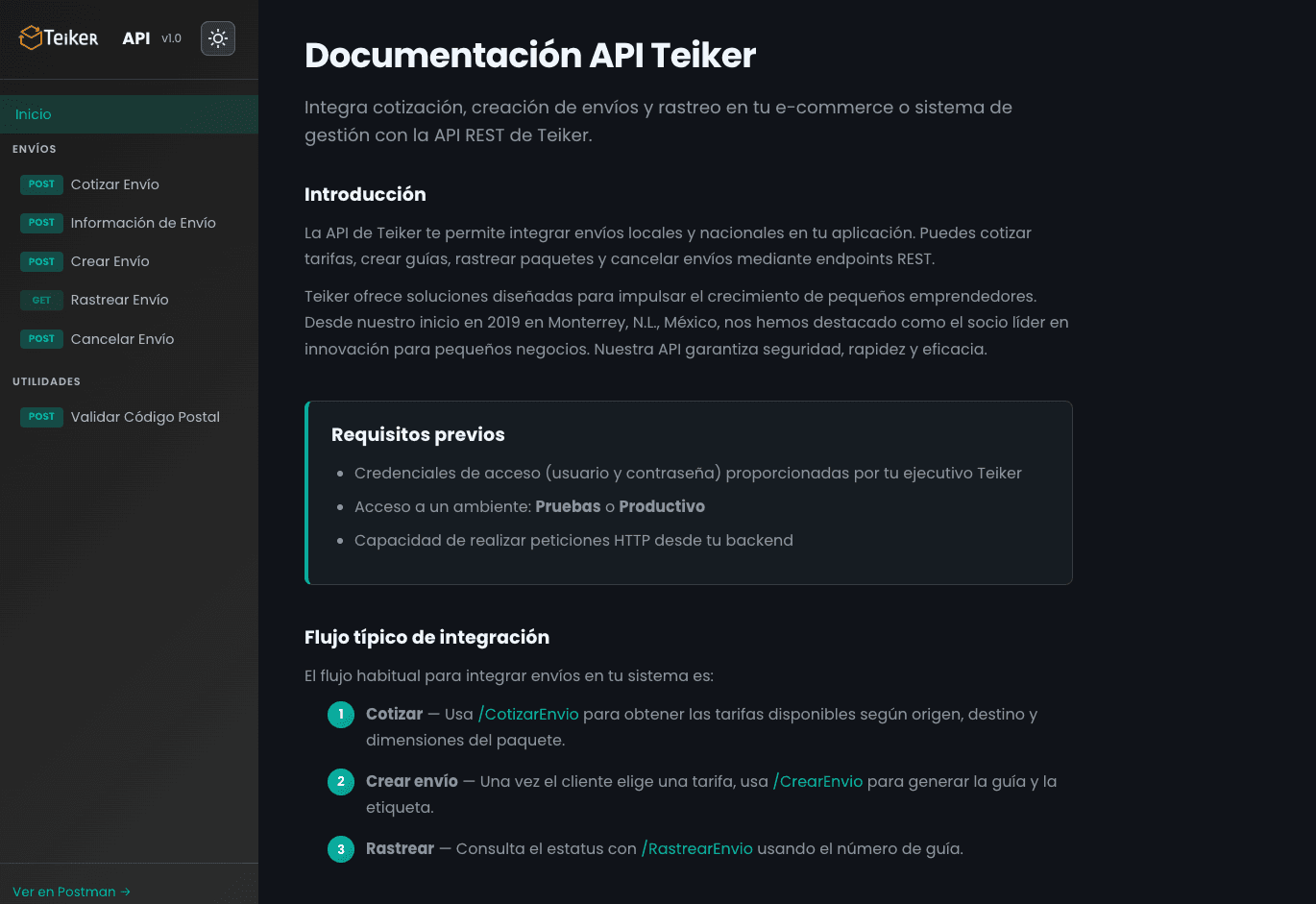 API logística de Teiker